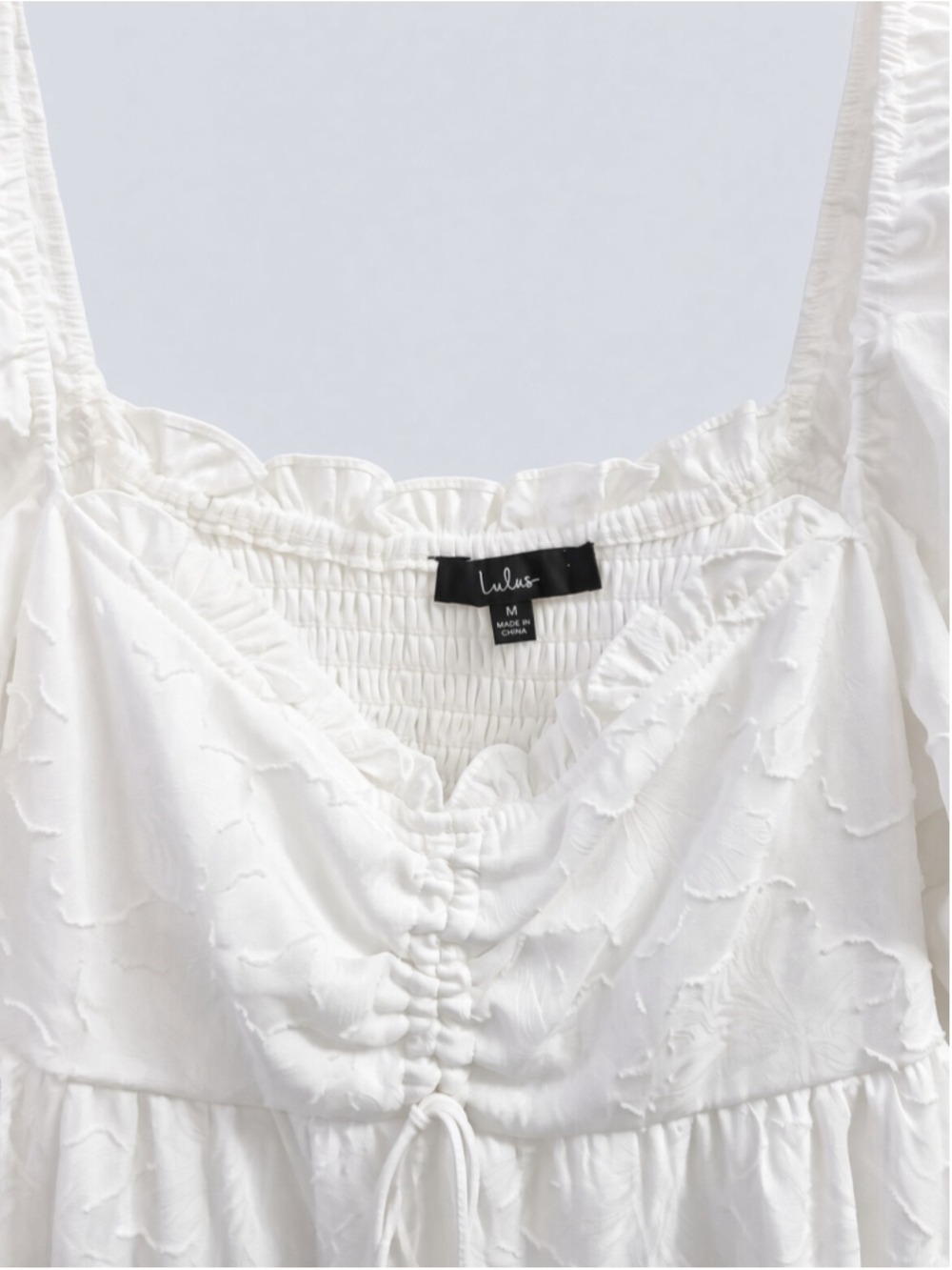 Lulus White Jacquard Puff Sleeve Ruched Babydoll Mini Dress Square Neck M - Picture 8 of 16